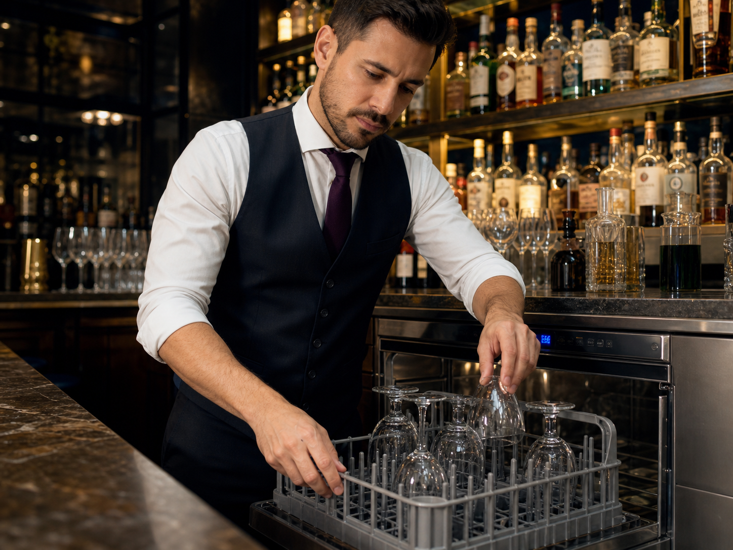 bartender loading dishes