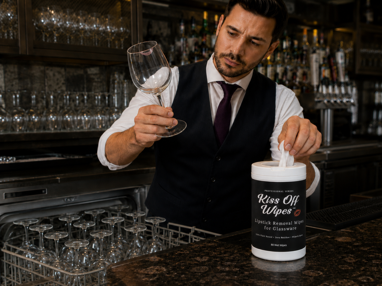 bartender unloading dishes grabbing wipe